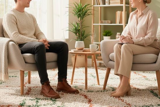 Мужчина общается с психотерапевтом